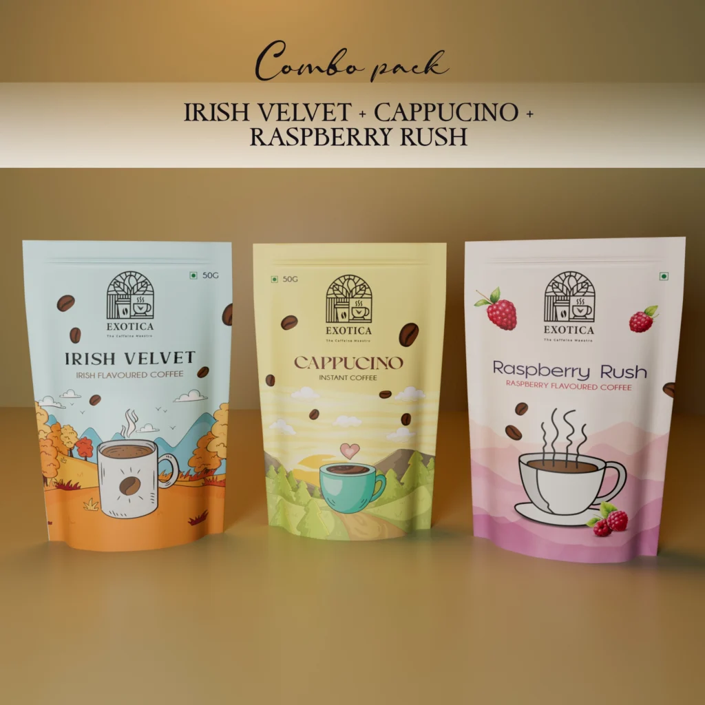 Exotica Irish Velvet, Cappuccino and Raspberry Rush triple-flavoured coffee combo pack