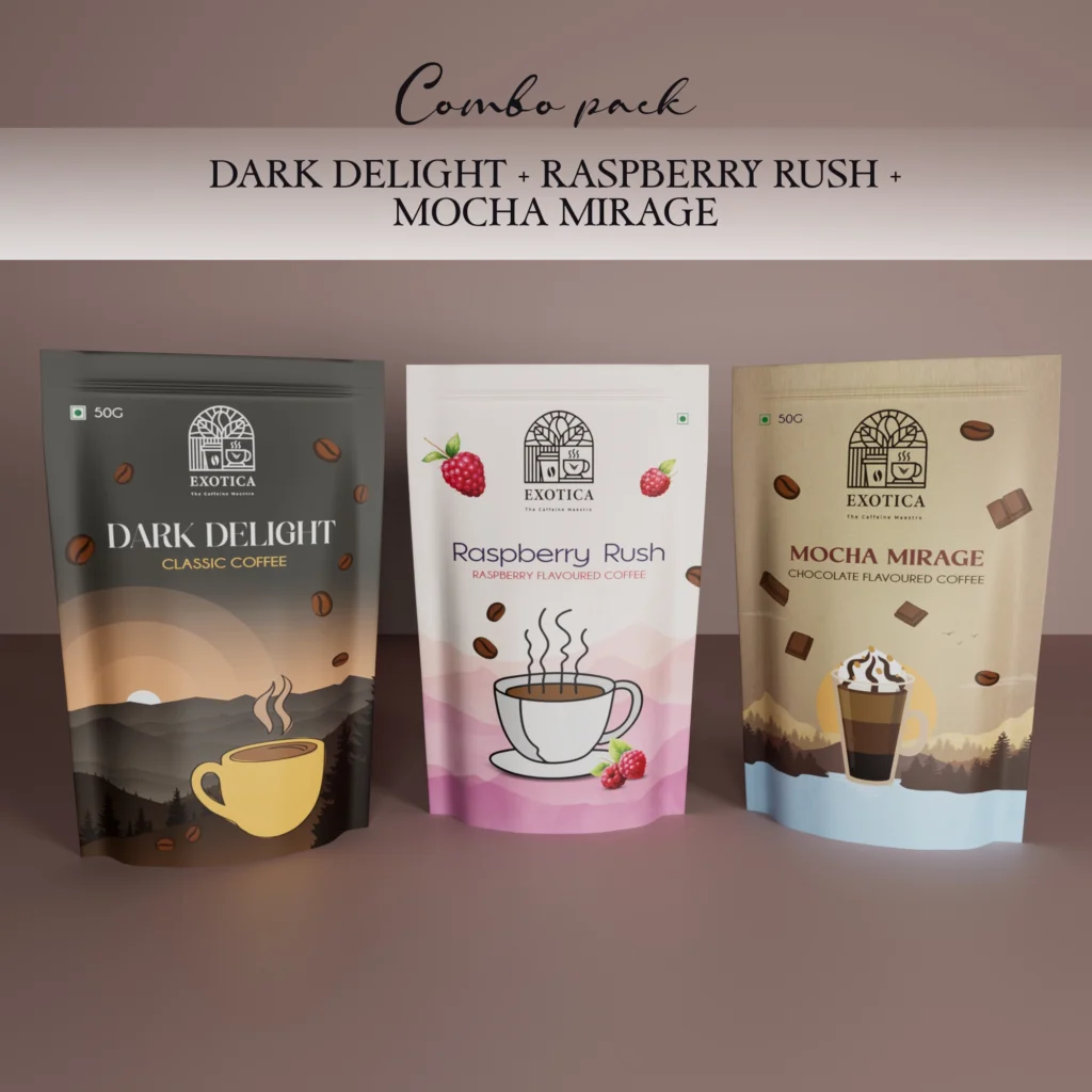 Exotica Dark Delight, Raspberry Rush and Mocha Mirage triple-flavoured coffee combo pack