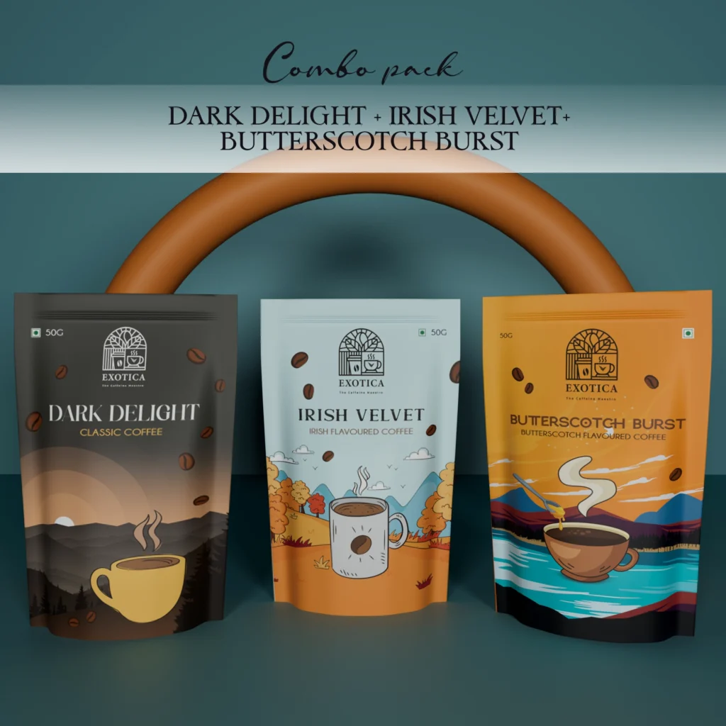 Exotica Dark Delight, Irish Velvet and Butterscotch Burst triple-flavoured coffee combo pack