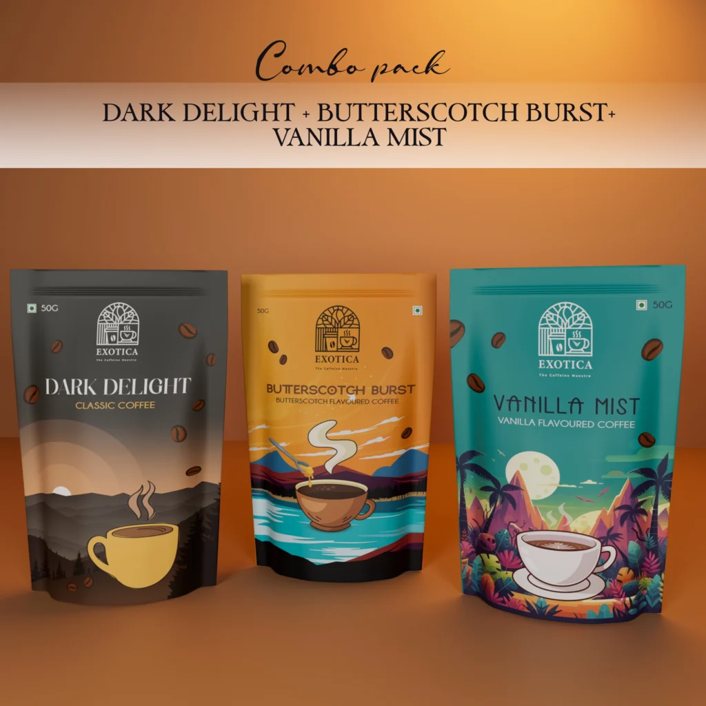 Exotica Dark Delight, Butterscotch Burst and Vanilla Mist triple-flavoured coffee combo pack
