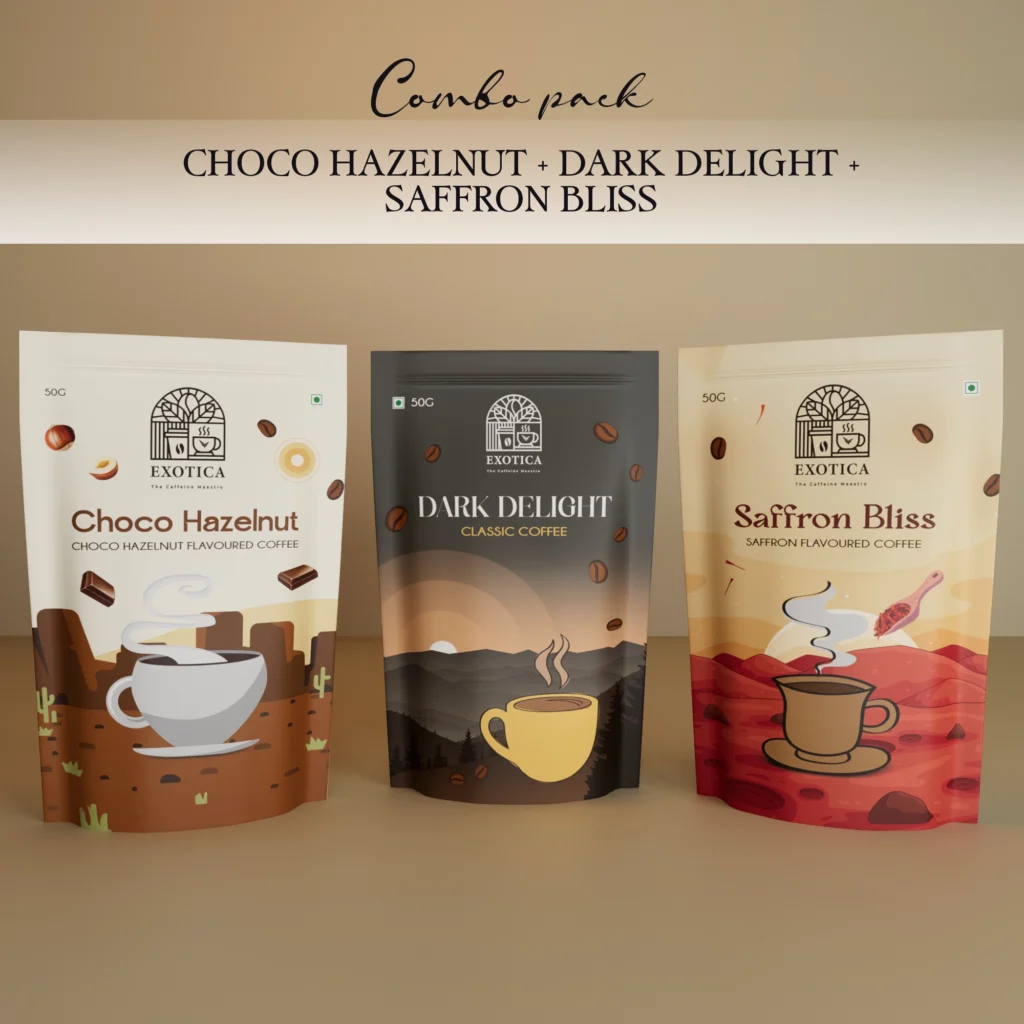 Exotica Choco Hazelnut, Dark Delight and Saffron Bliss triple-flavoured coffee combo pack