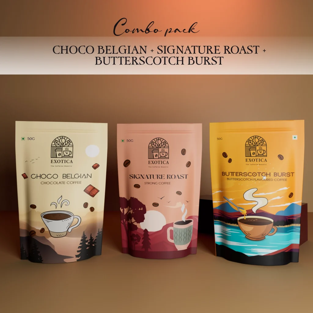 Exotica Choco Belgian, Signature Roast and Butterscotch Burst triple-flavoured coffee combo pack