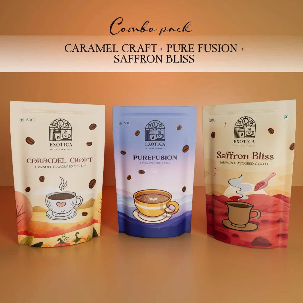 Exotica Caramel Craft, Pure Fusion and Saffron Bliss triple-flavoured coffee combo pack