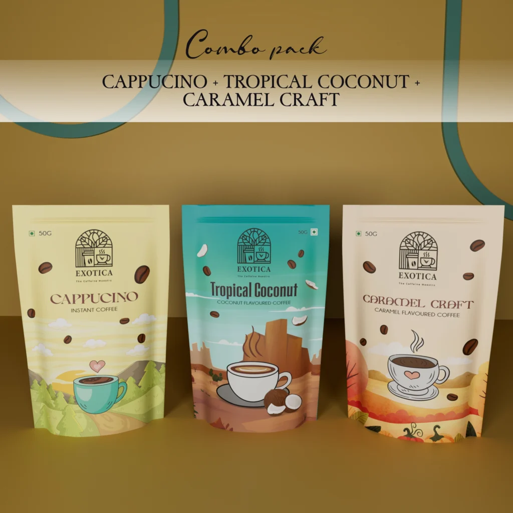 Exotica Cappuccino, Tropical Coconut and Caramel Craft triple-flavoured coffee combo pack