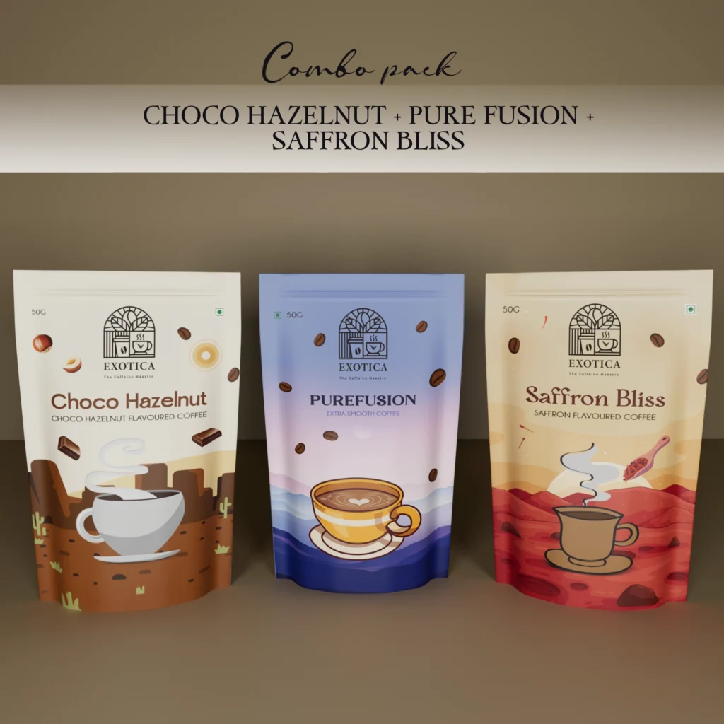 Exotica Choco Hazelnut, Pure Fusion and Saffron Bliss triple-flavoured coffee combo pack