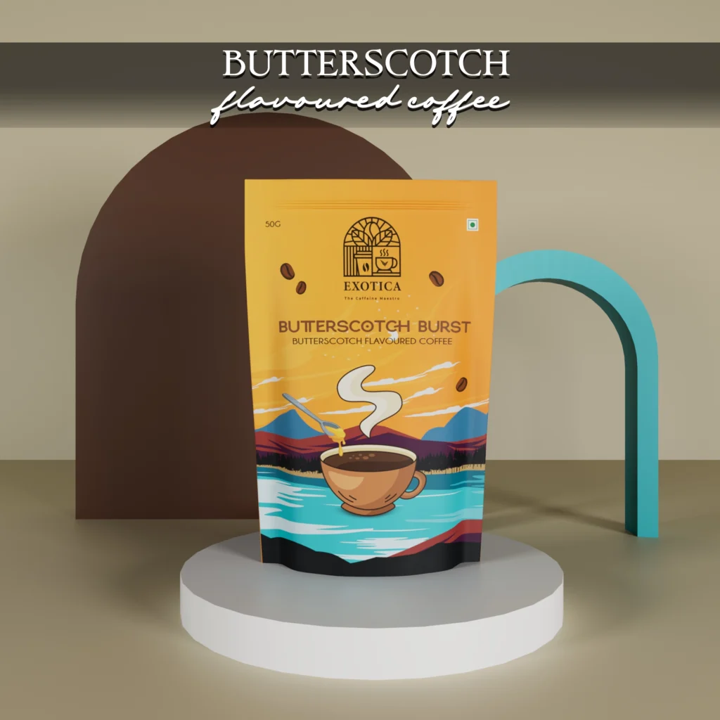 Exotica Butterscotch Burst Flavoured Coffee pack – premium creamy blend