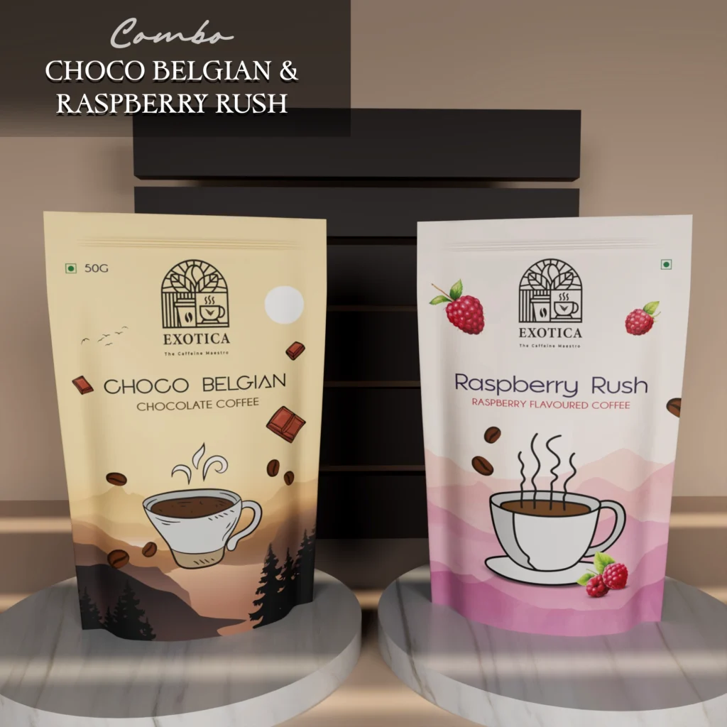 Exotica Choco Belgian and Raspberry Rush coffee – rich chocolate with fruity raspberry twist