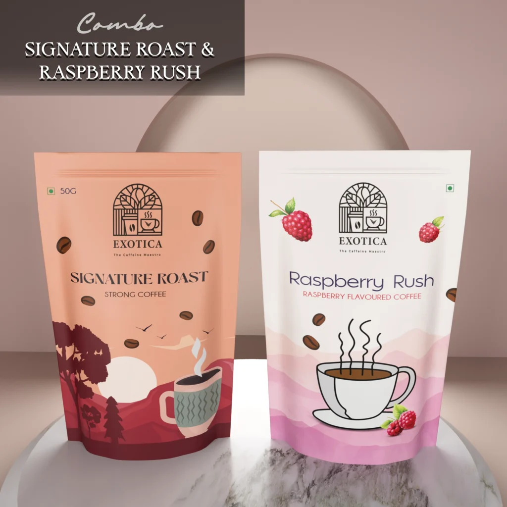 Exotica Signature Roast and Raspberry Rush flavoured coffee combo pack