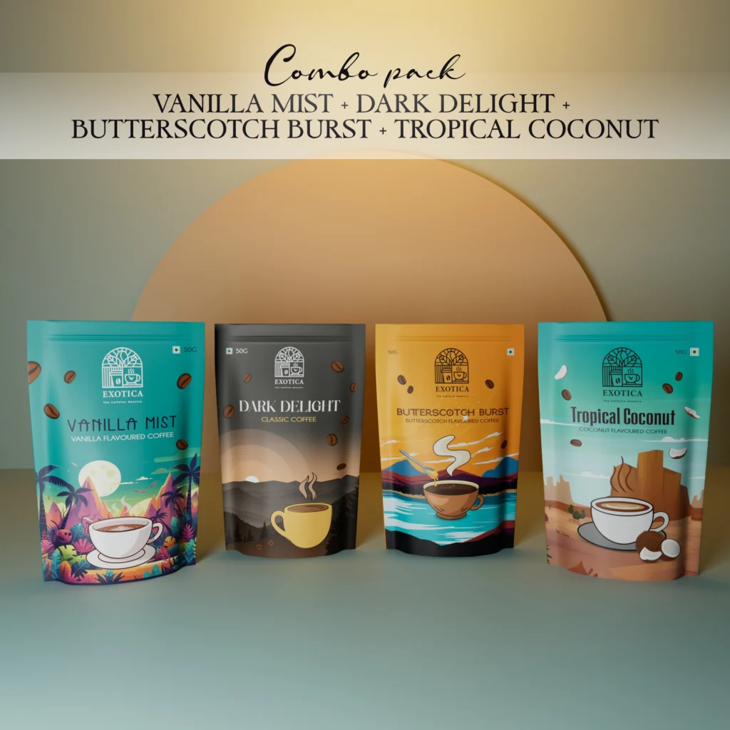 Exotica Vanilla Mist, Dark Delight, Butterscotch & Tropical Coconut Coffee Combo – Premium Instant Coffee