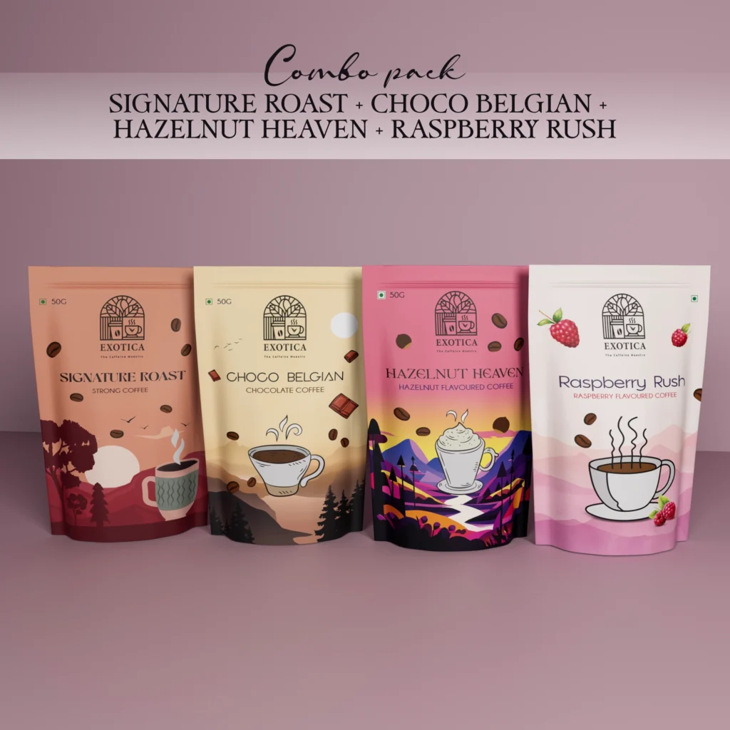 Exotica Signature Roast, Choco Belgian, Hazelnut & Raspberry Coffee Combo Pack – Luxury Instant Coffee