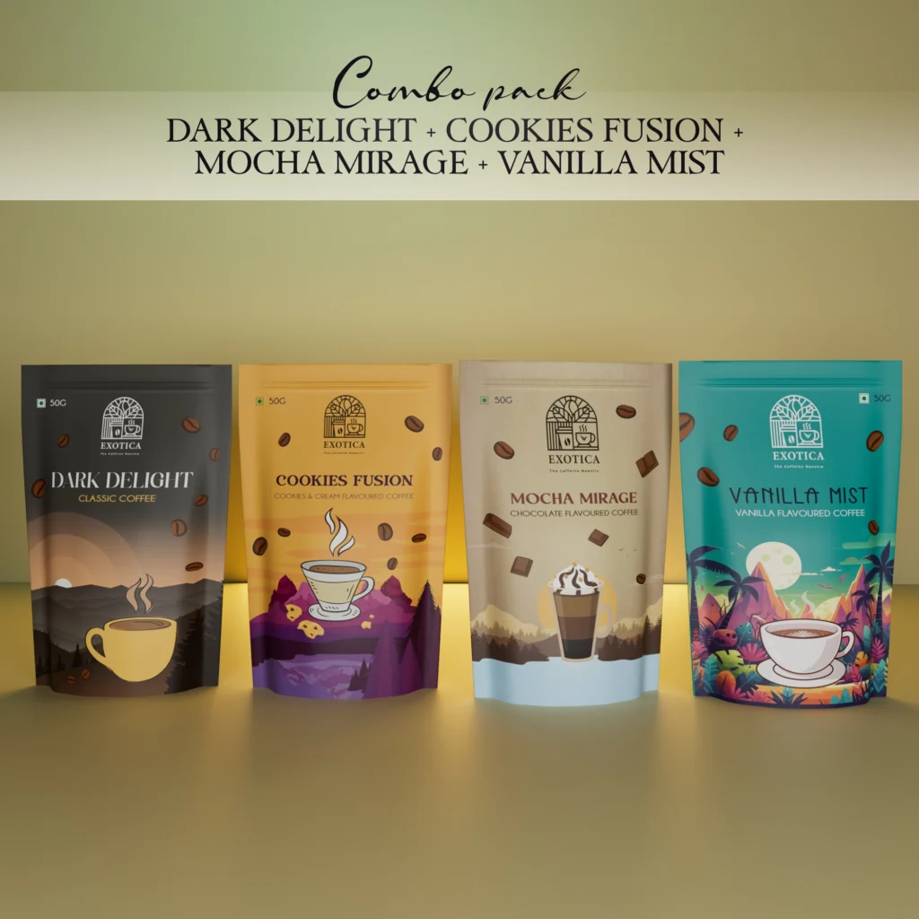 Exotica Dark Delight, Cookies Fusion, Mocha Mirage & Vanilla Mist Coffee Combo – Premium Instant Coffee Set