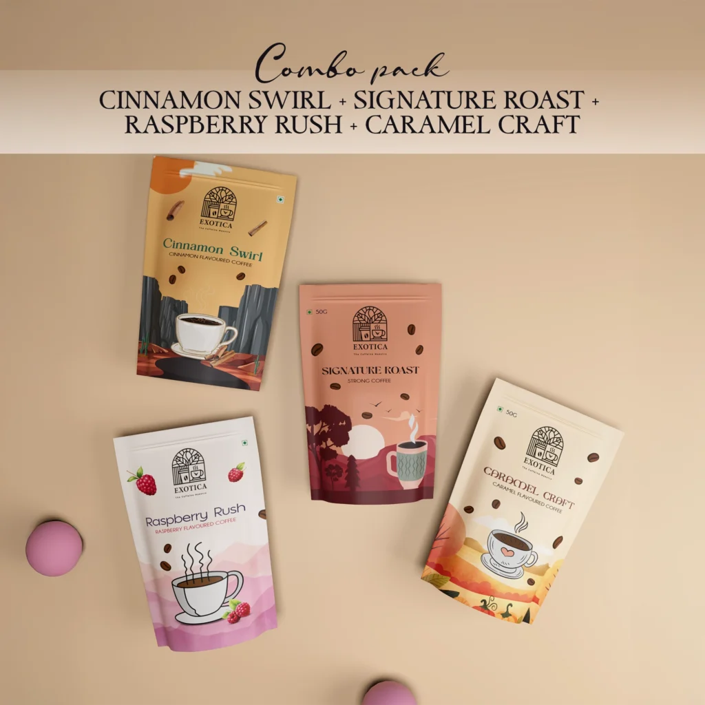 Exotica Cinnamon, Signature Roast, Raspberry & Caramel Coffee Combo – Luxury Instant Coffee