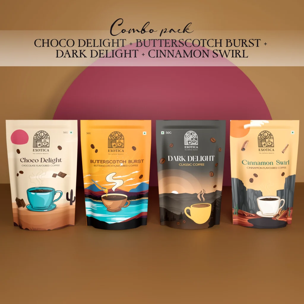 Exotica Choco Delight, Butterscotch, Dark Delight & Cinnamon Coffee Combo – Premium Flavoured Coffee