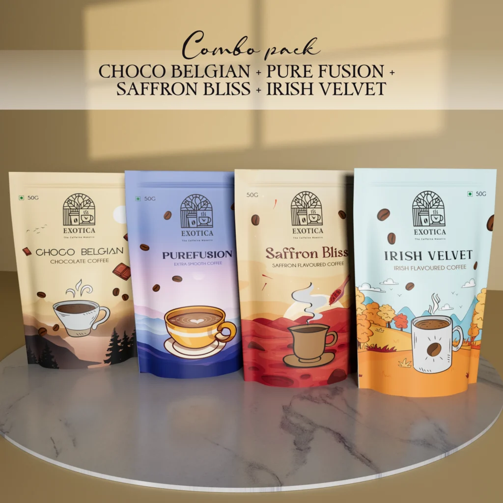 Exotica Choco Belgian, Pure Fusion, Saffron & Irish Velvet Coffee Combo Pack – Gourmet Instant Coffee