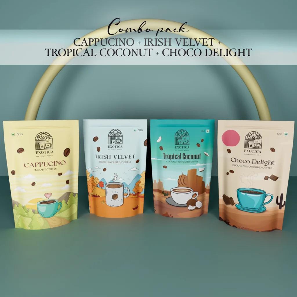 Exotica Cappuccino, Irish Velvet, Tropical Coconut & Choco Delight Coffee Combo – Flavoured Instant Coffee