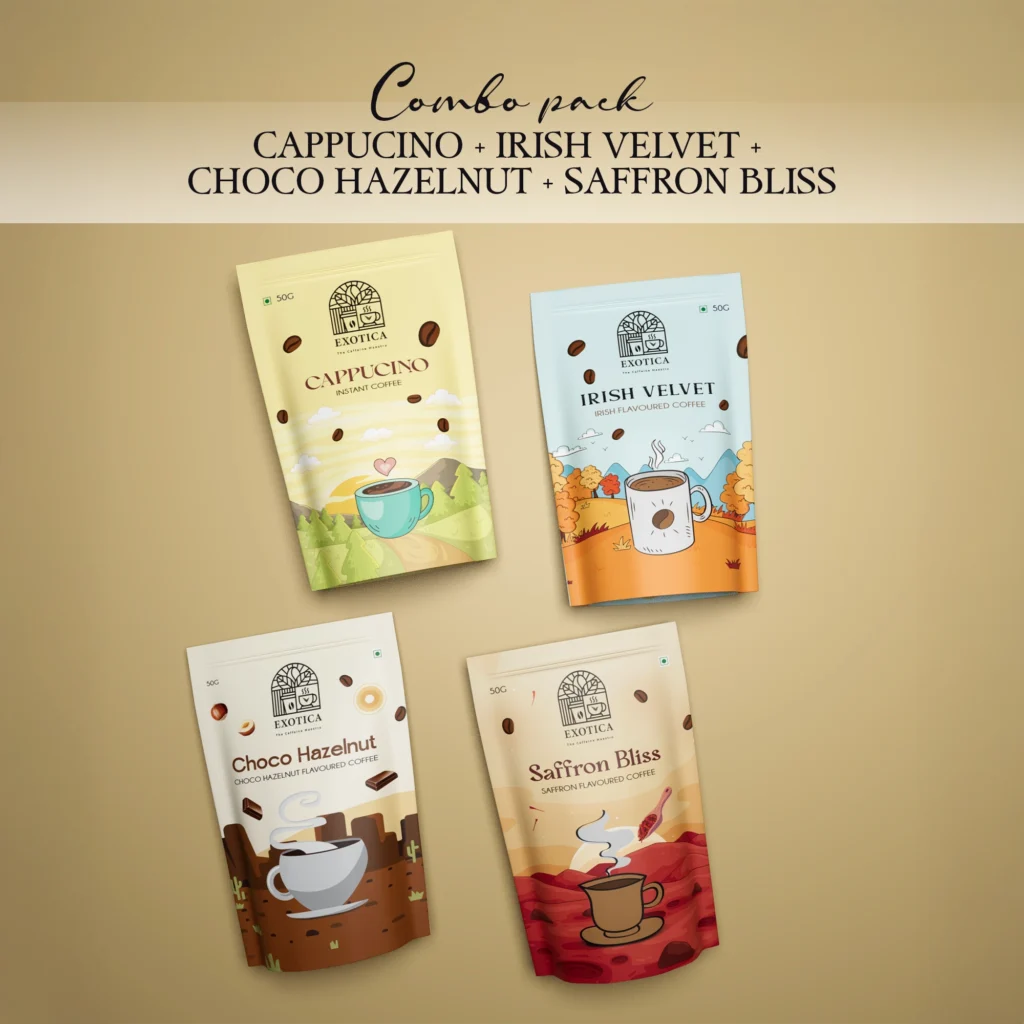 Exotica Cappuccino, Irish Velvet, Choco Hazelnut & Saffron Coffee Combo Pack – Premium Instant Coffee