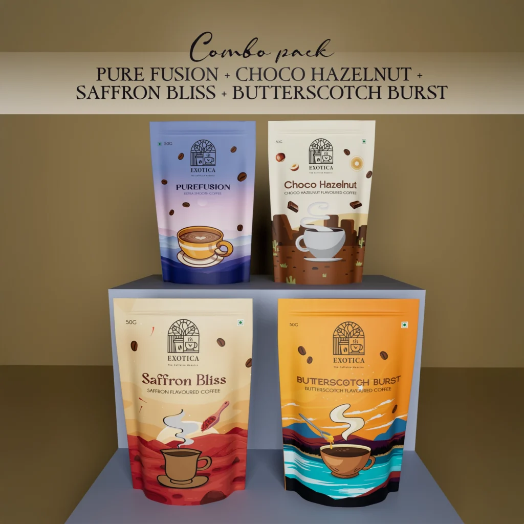 Exotica Pure Fusion, Choco Hazelnut, Saffron & Butterscotch Coffee Combo – Premium Instant Coffee