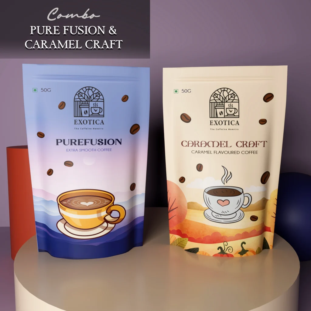 Exotica Pure Fusion and Caramel Craft flavoured coffee combo pack