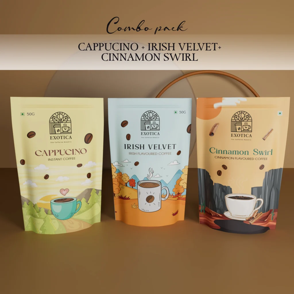 Exotica Cappuccino, Irish Velvet and Cinnamon Swirl triple-flavoured coffee combo pack