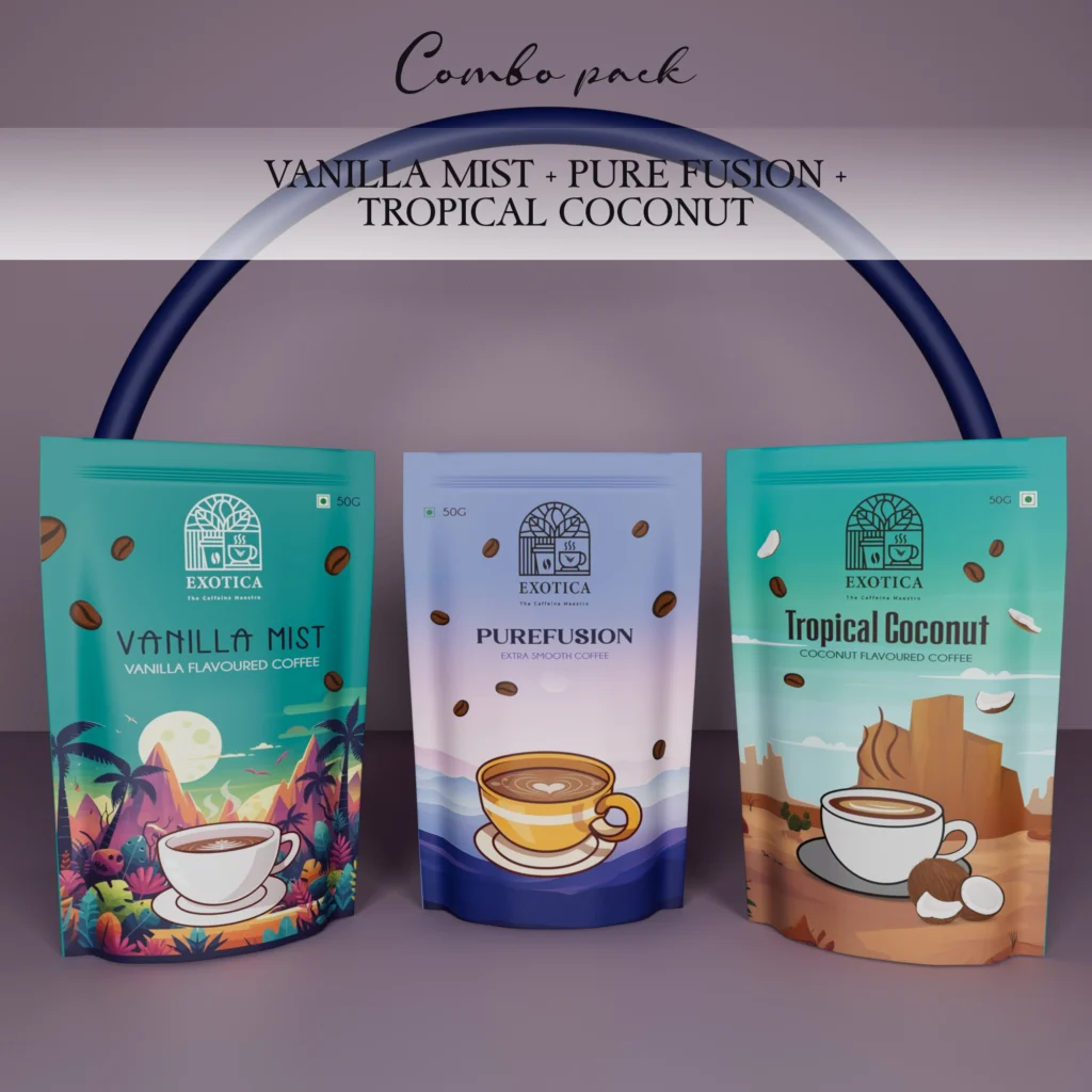 Exotica Vanilla Mist, Pure Fusion and Tropical Coconut triple-flavoured coffee combo pack