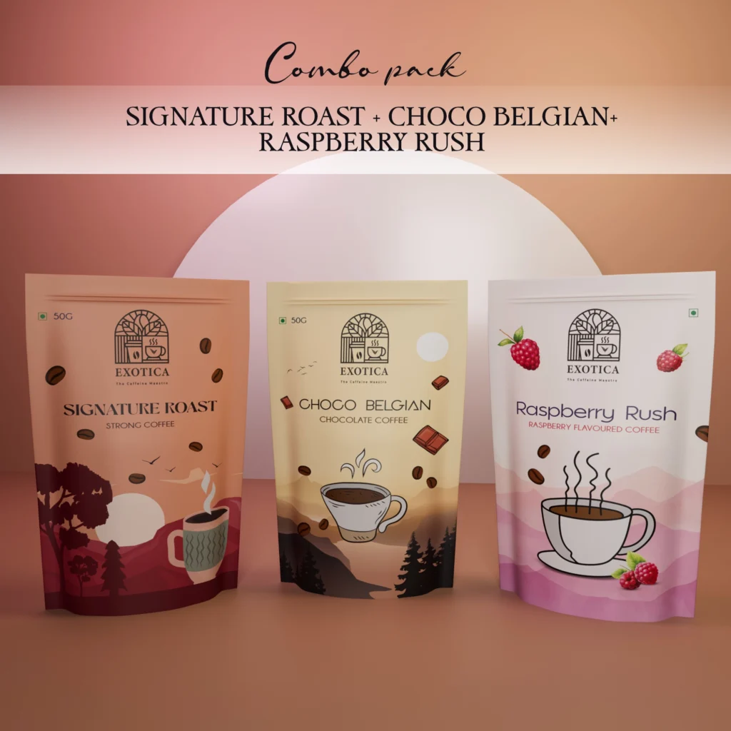 Exotica Signature Roast, Choco Belgian and Raspberry Rush triple-flavoured coffee combo pack