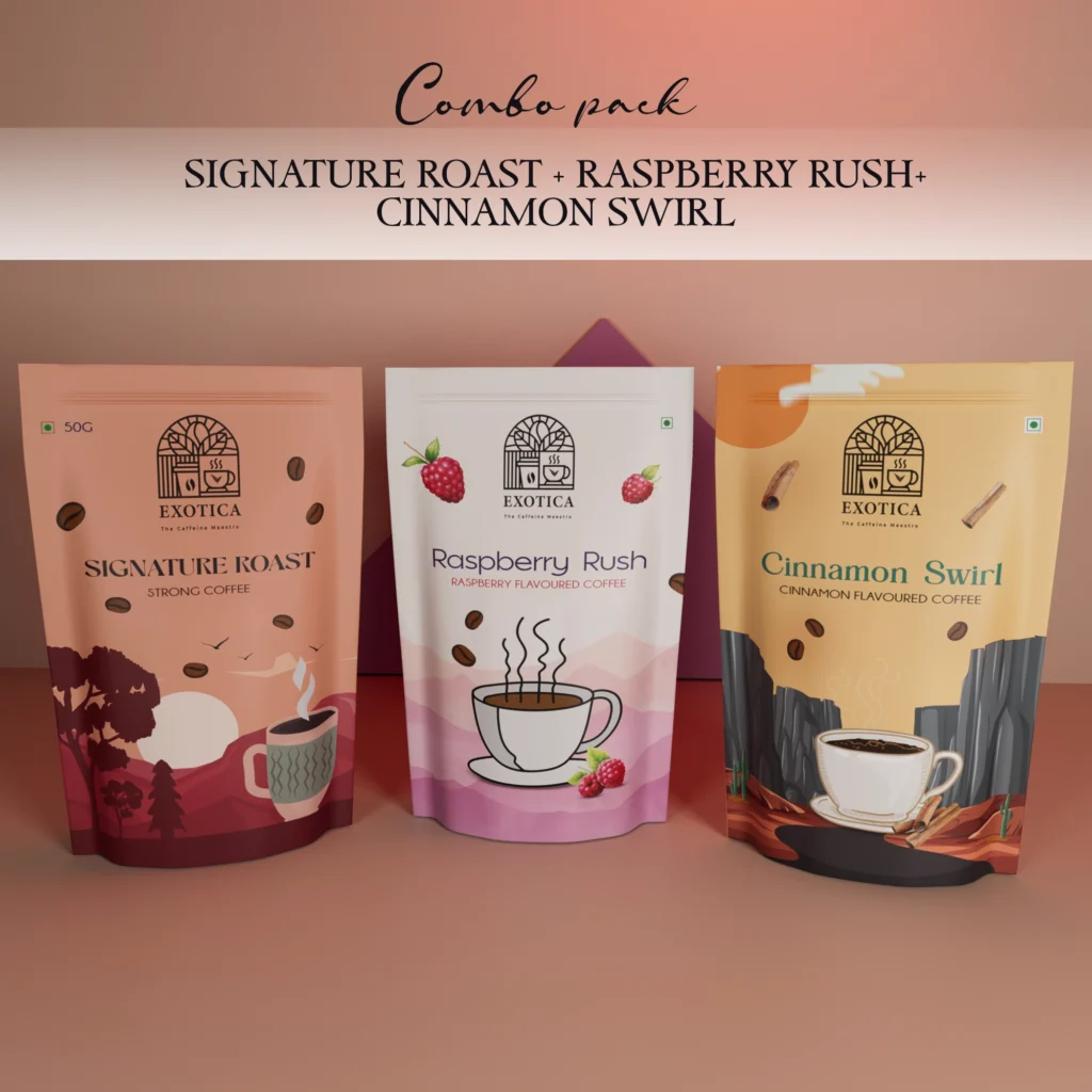 Exotica Signature Roast, Raspberry Rush and Cinnamon Swirl triple-flavoured coffee combo pack