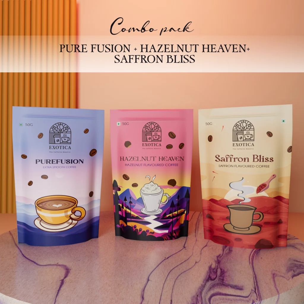 Exotica Pure Fusion, Hazelnut Heaven and Saffron Bliss triple-flavoured coffee combo pack