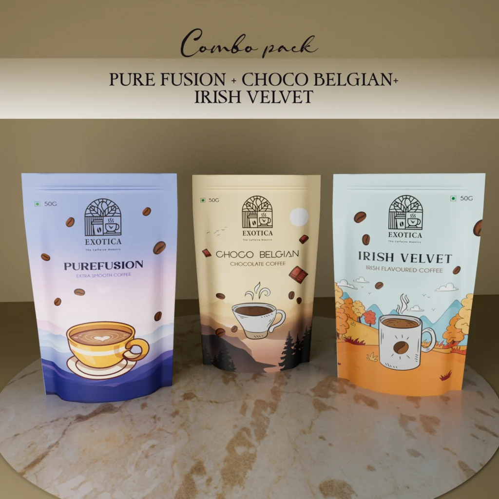 Exotica Pure Fusion, Choco Belgian and Irish Velvet triple-flavoured coffee combo pack