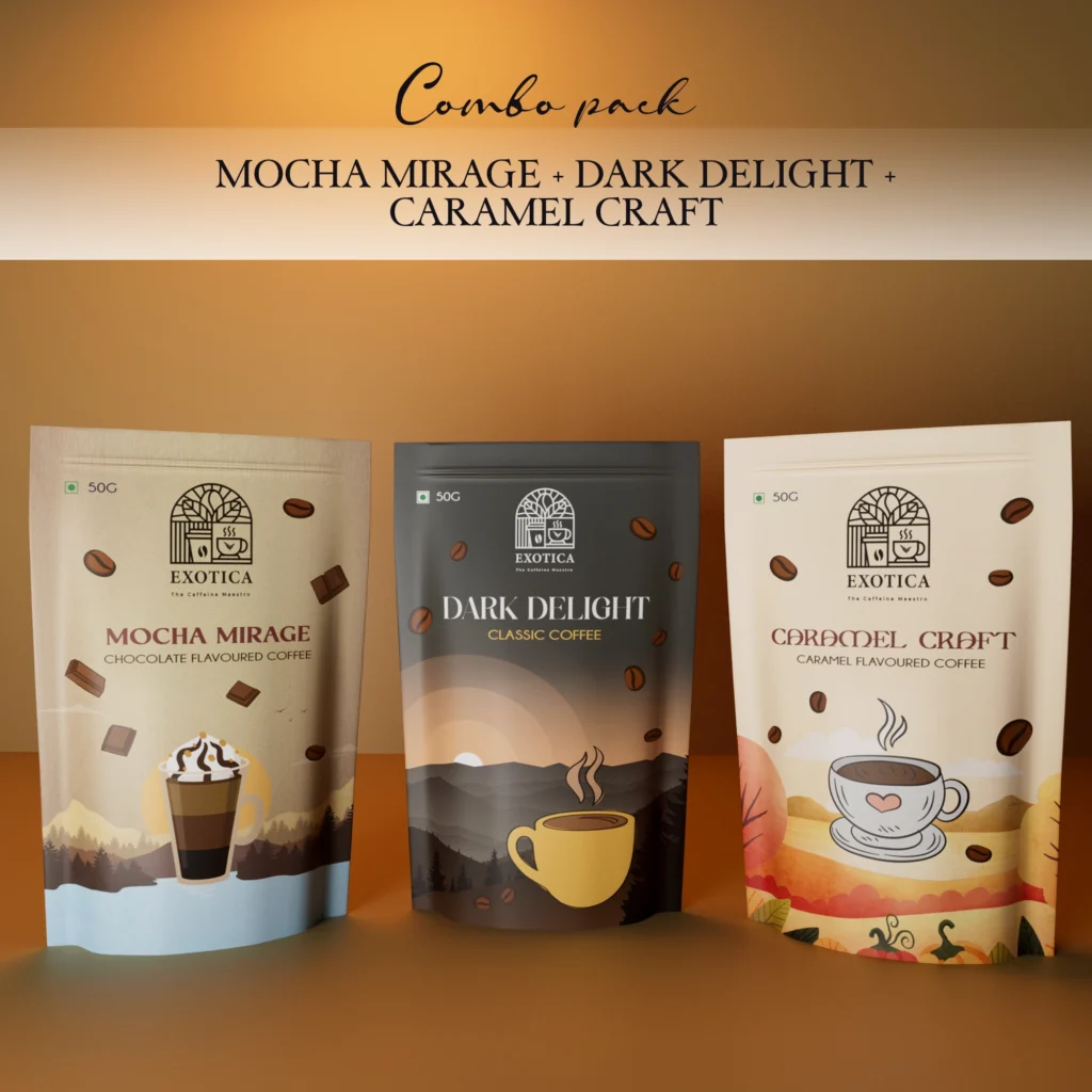 Exotica Mocha Mirage, Dark Delight and Caramel Craft triple-flavoured coffee combo pack