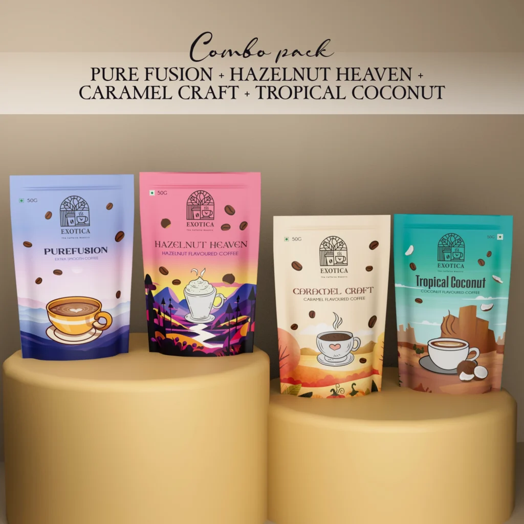 Exotica Pure Fusion, Hazelnut, Caramel & Tropical Coconut Coffee Combo Pack – Gourmet Flavoured Coffee