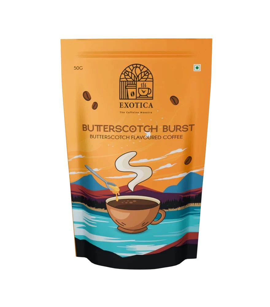 Exotica Butterscotch Burst Flavoured Coffee pack – premium creamy blend